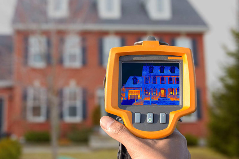 A heat loss tool is pointed at a house to determine energy efficiency of windows.