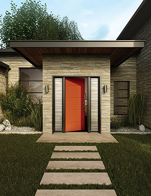 An oversized red front door on a modern home