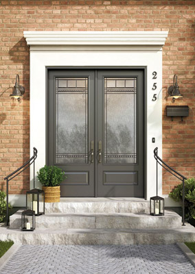 Grey, double fiberglass entry doors
