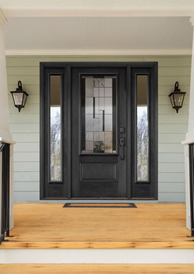 Porte d'entrée noire avec insert en verre moderne et double vitrage latéral