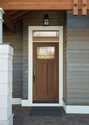 Porte d'entrée en fibre de verre marron avec petite traverse rectangulaire et insert vitré