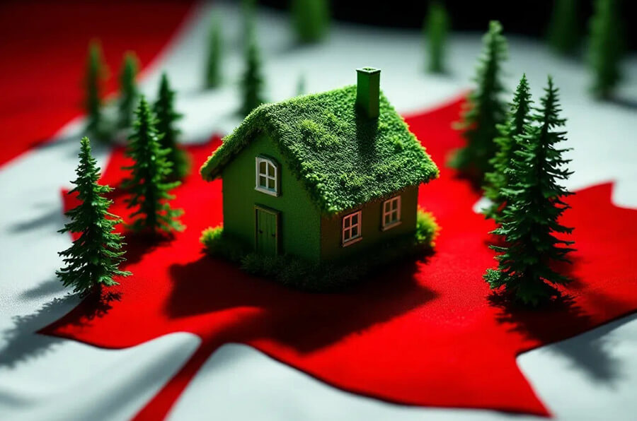 Une petite maison verte et des pins reposent sur une feuille d'érable rouge, symbolisant le Canada et faisant allusion à la fin du prêt Greener Homes à Ottawa, avec un drapeau canadien flou en arrière-plan.