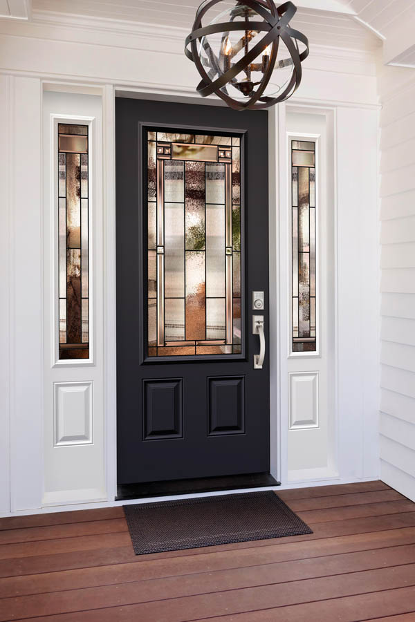 A dark grey entry door with Epic glass inserts on a 2 Panel Blank Top door slab.