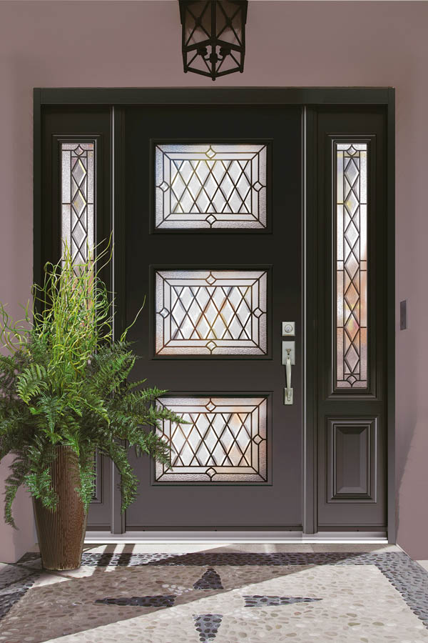 A black entry door with two sidelites and Lisbon glass inserts on a Flat door slab.