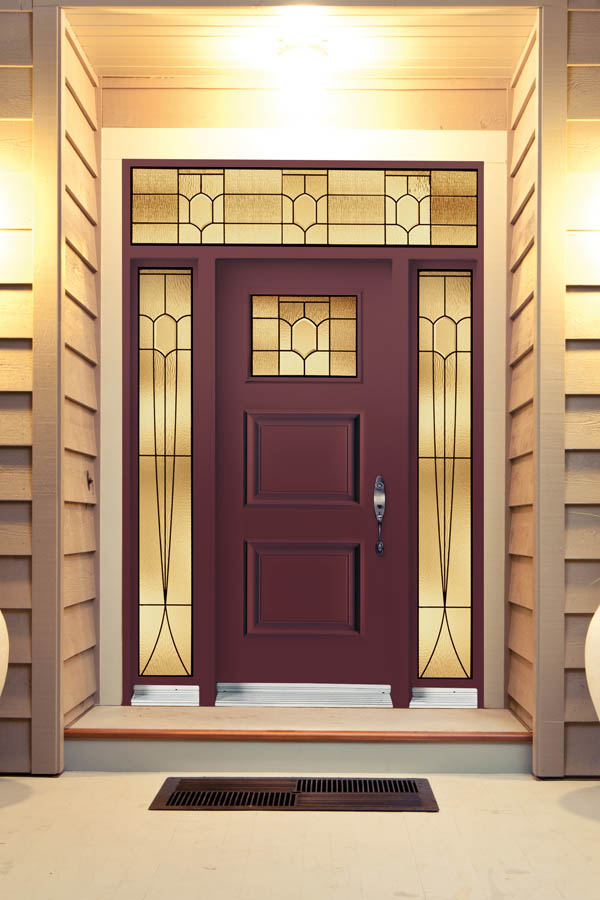 A burgundy entry door with Mistral glass inserts on a Sydney door slab.