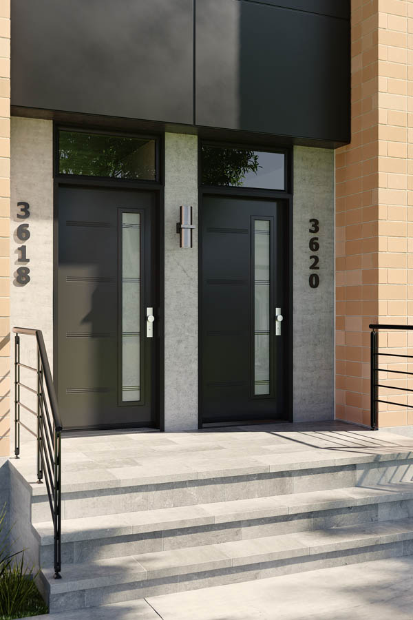 Une porte d'entrée élégante, noire et moderne avec des inserts en verre Oso sur une dalle de porte Oso.