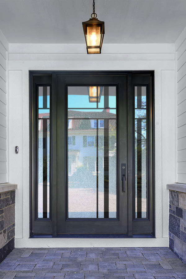 A grey entry door with Prague glass inserts on a Flat door slab.