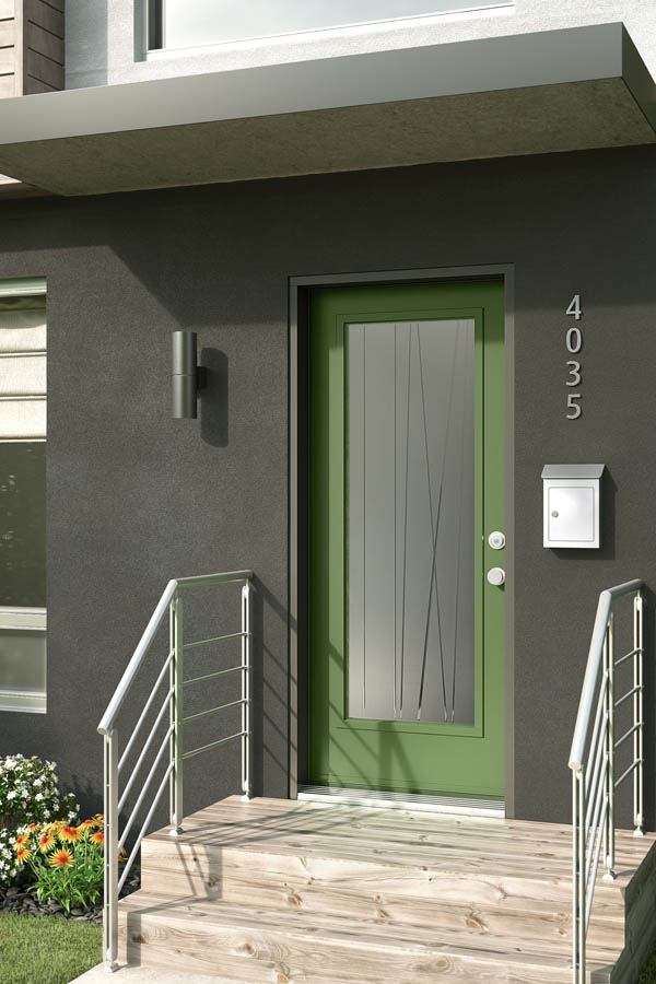Une porte d'entrée verte avec des inserts en verre Rhythm sur une dalle de porte plate.