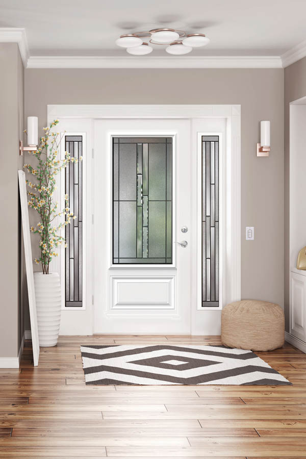 A white entry door with Whistler glass inserts on an Orleans door slab.