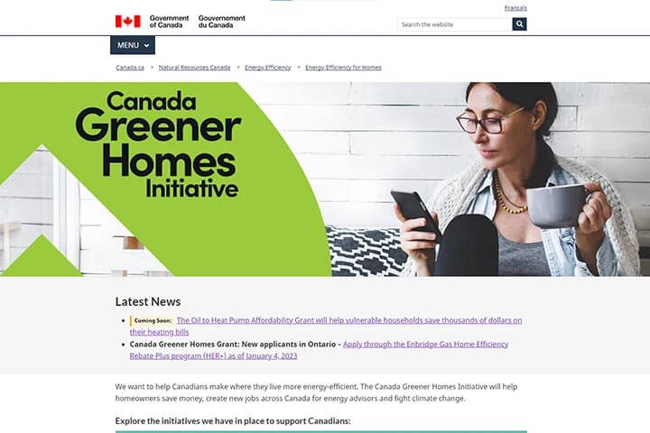 A screenshot of the Greener Homes Initiative portal on the government of Canada website.