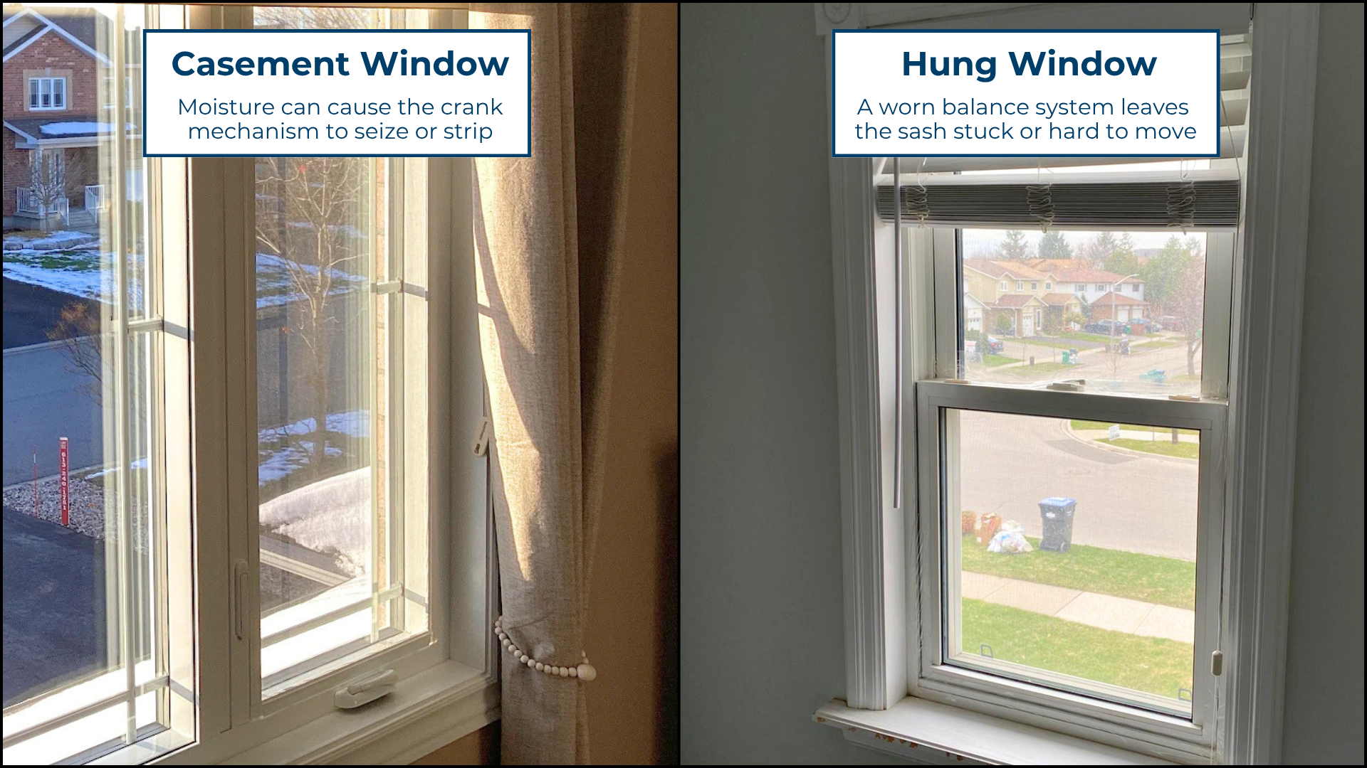 Split comparison of a casement window on the left and a hung window on the right