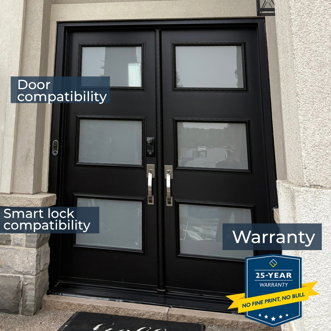 Front entry door showing door compatibility, smart lock compatibility, and the 25-year warranty