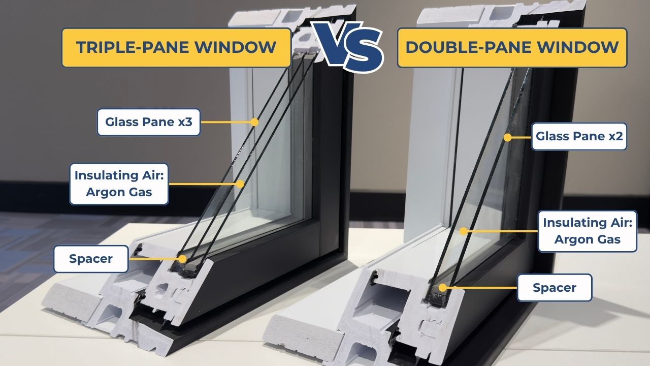 Diagram comparing double pane and triple pane insulated glass units showing glass panes, insulating argon gas cavities and spacers in each configuration