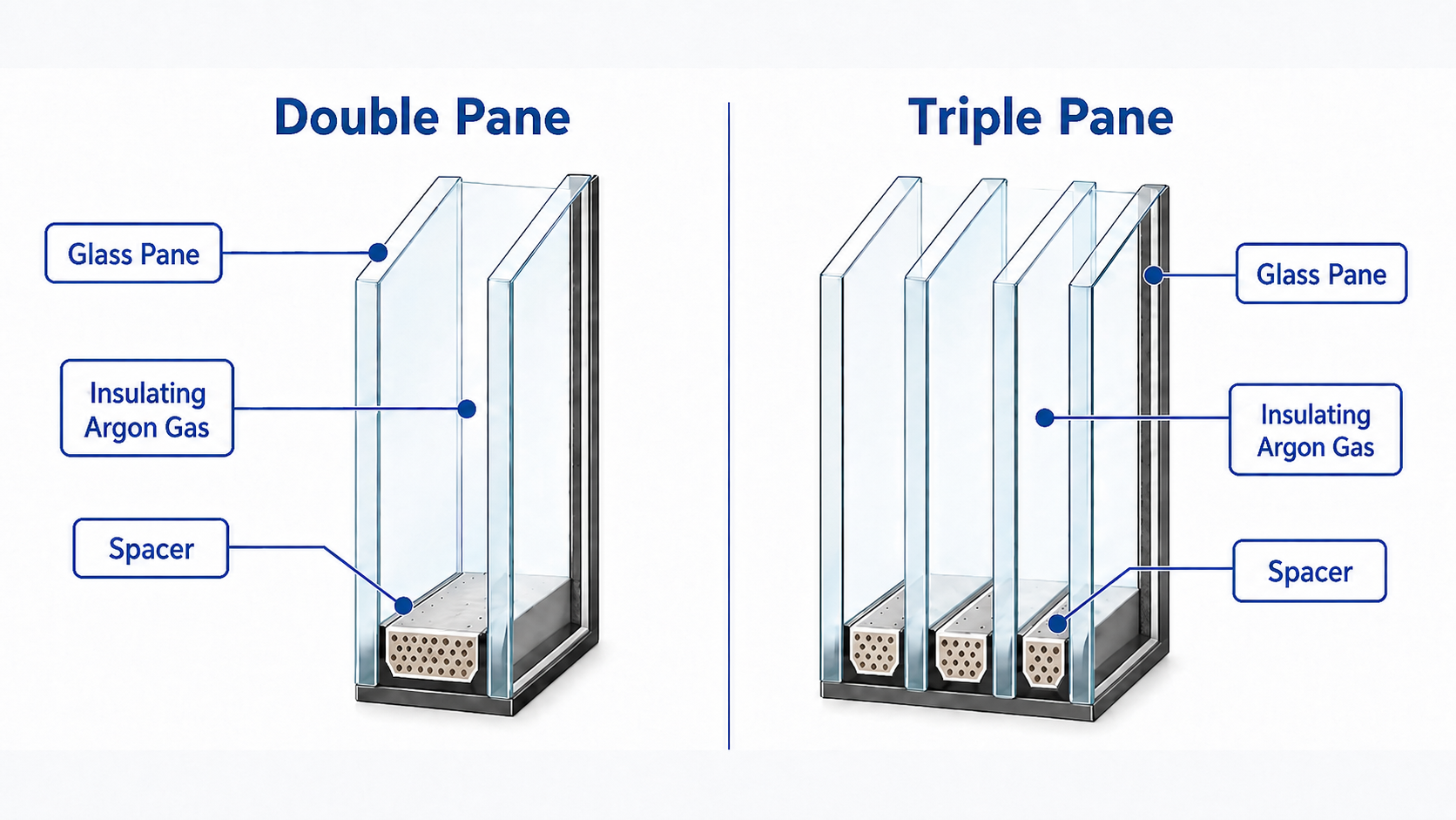 Diagram comparing double pane and triple pane insulated glass units showing glass panes, insulating argon gas cavities and spacers in each configuration