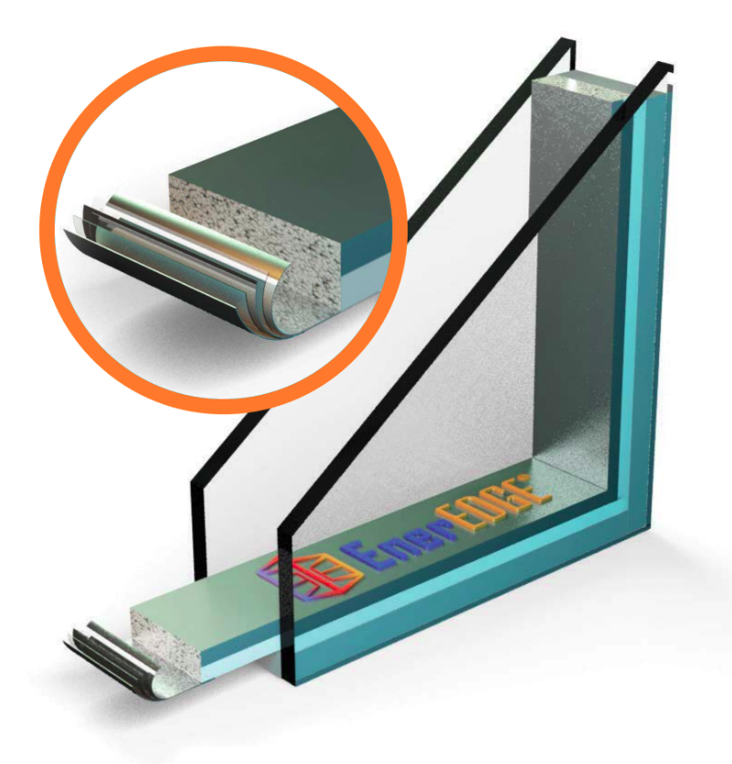 Cross-section diagram of EnerEDGE warm-edge spacer inside an insulated glass unit showing the foam spacer separating two glass panes.
