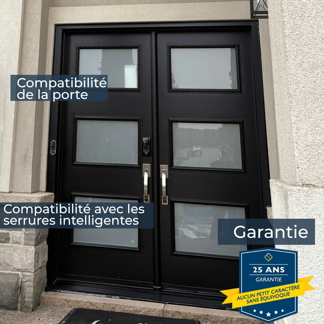 Porte d'entrée montrant la compatibilité de la porte, la compatibilité avec les serrures intelligentes et la garantie de 25 ans