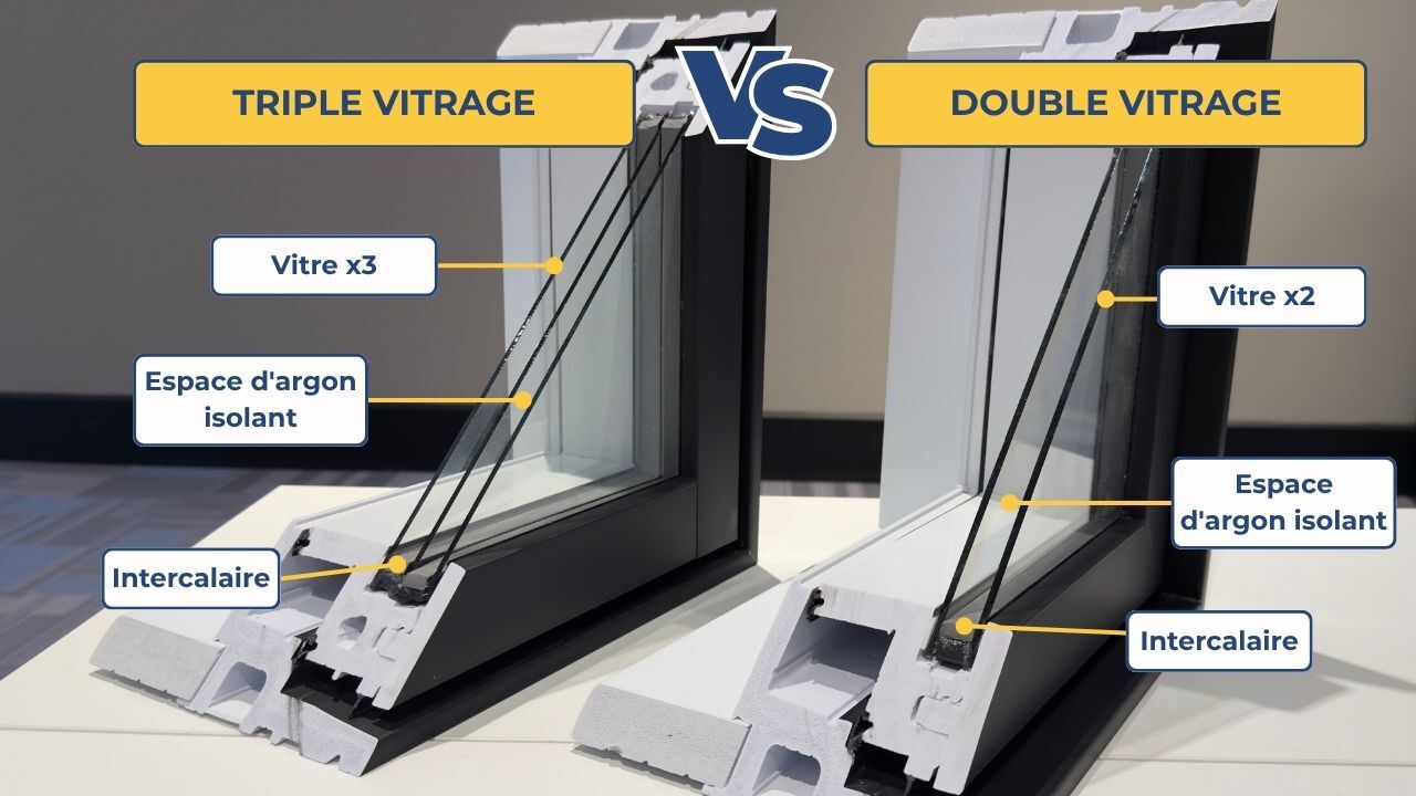 Diagramme comparant les unités de vitrage isolant à double et à triple vitrage, montrant les panneaux de verre, les cavités de gaz argon isolant et les espaceurs dans chaque configuration