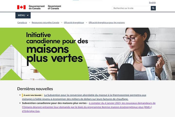 Une capture d'écran du portail l’Initiative canadienne pour des maisons plus vertes sur le site Web du gouvernement du Canada