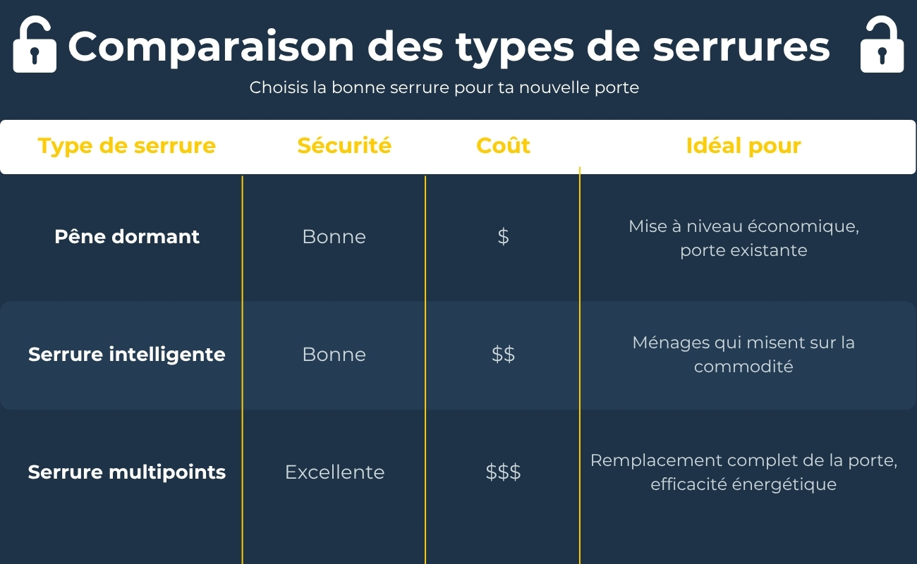 Comparaison des types de serrures : pêne dormant, serrure intelligente et serrure multipoints, selon la sécurité, le coût et l'usage