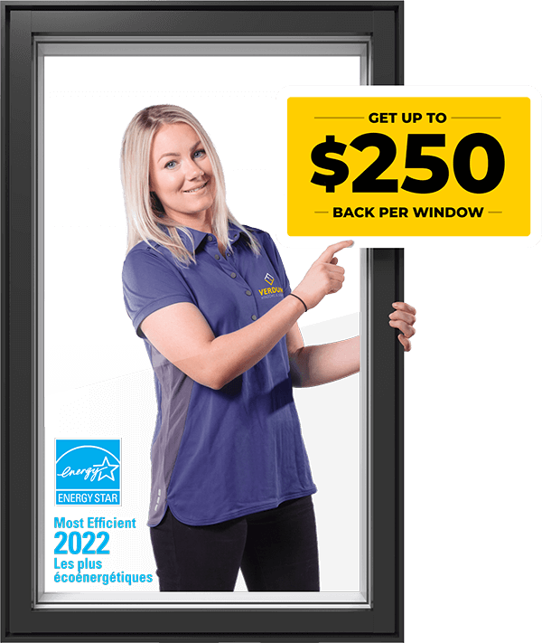 A Verdun sales representative points to a Save up to $250 per window graphic with and Energy Star Most Efficient 2021 logo in the bottom left corner
