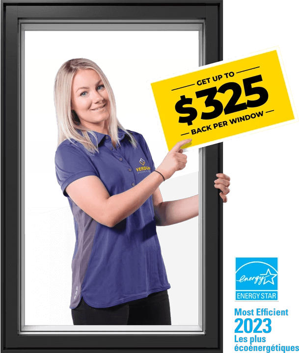 A Verdun sales representative points to a Save up to $325 per window graphic with and Energy Star Most Efficient 2023 logo in the bottom left corner
