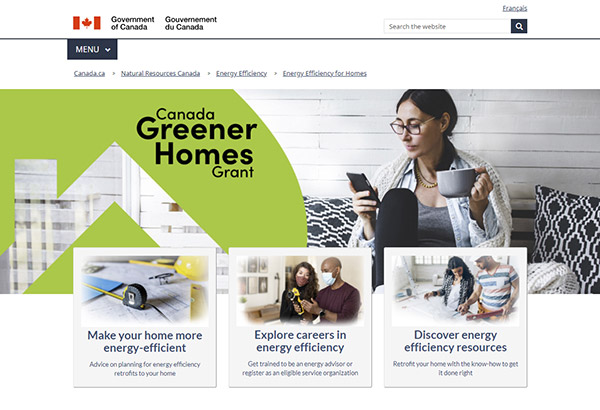 Une capture d'écran du portail Greener Homes Grant sur le site Web du gouvernement du Canada.