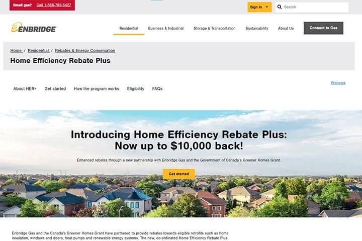 A screenshot of the Home Efficiency Rebate Plus (HER+) program on the Enbrige website.