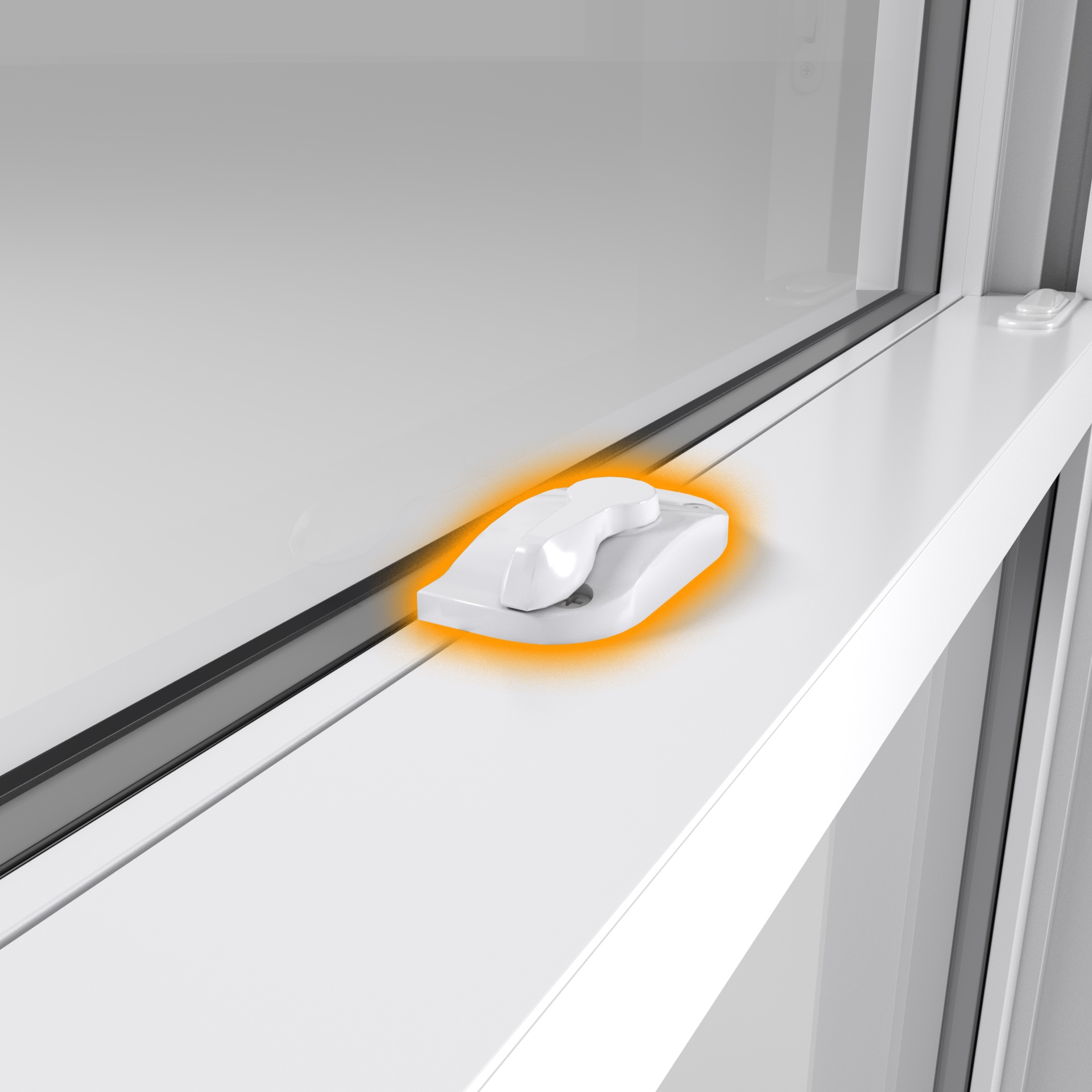 Close-up of a cam-action window lock with highlight showing the locking point on a sliding window sash