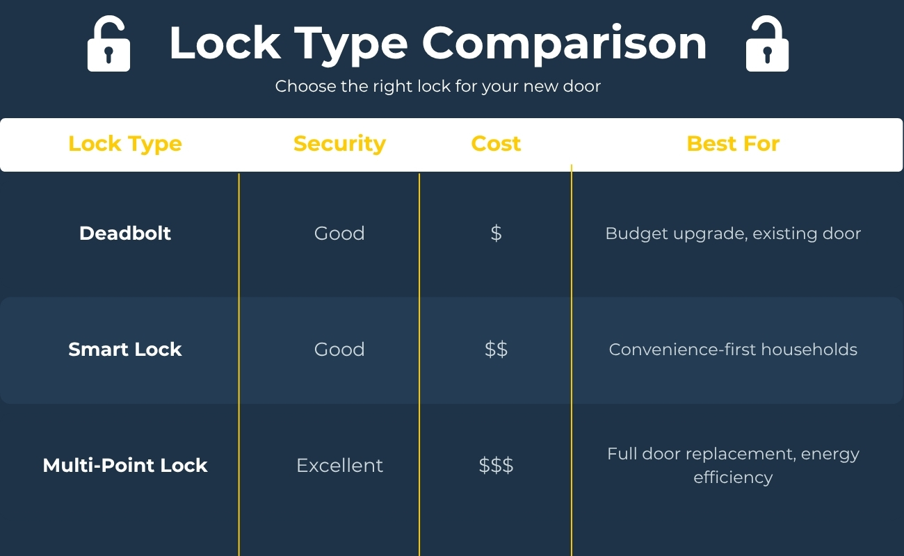 Lock type comparison of a deadbolt, smart lock, and multi-point lock by security, cost, and best use