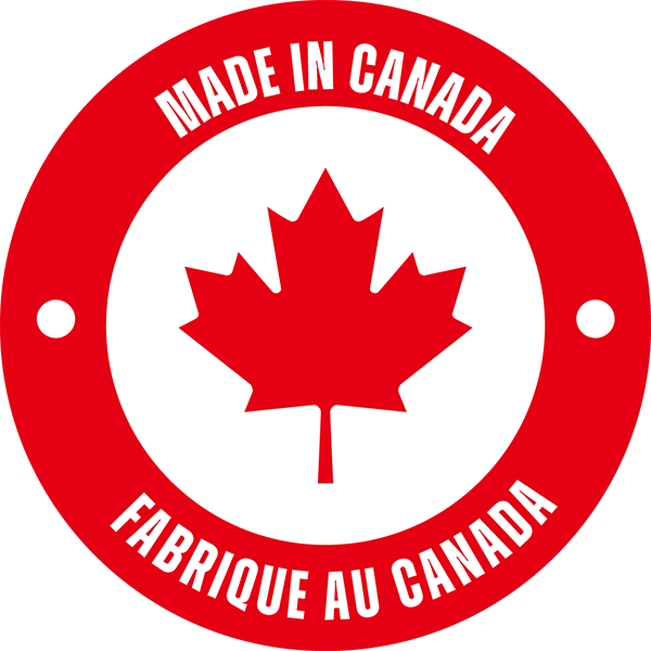 Un logo rond avec une bordure rouge représentant une feuille d'érable rouge au centre. En haut, on peut lire « Fabriqué au Canada » et en bas, « Fabriqué au Canada » en texte blanc.