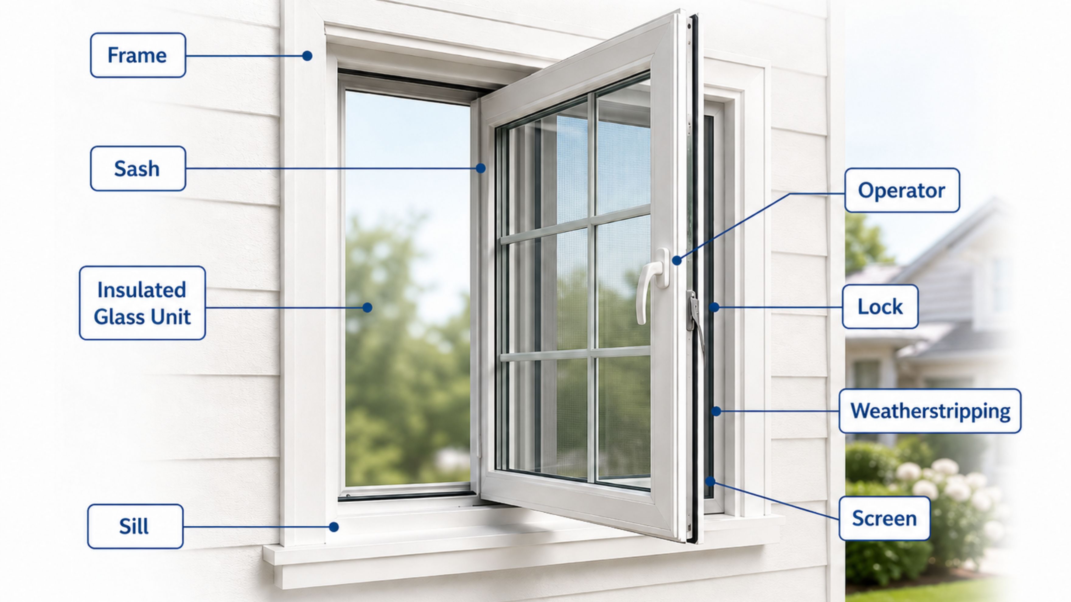 Parts of a window diagram showing labelled components including frame, sash, insulated glass unit, operator, lock, weatherstripping, sill and screen on a casement window.