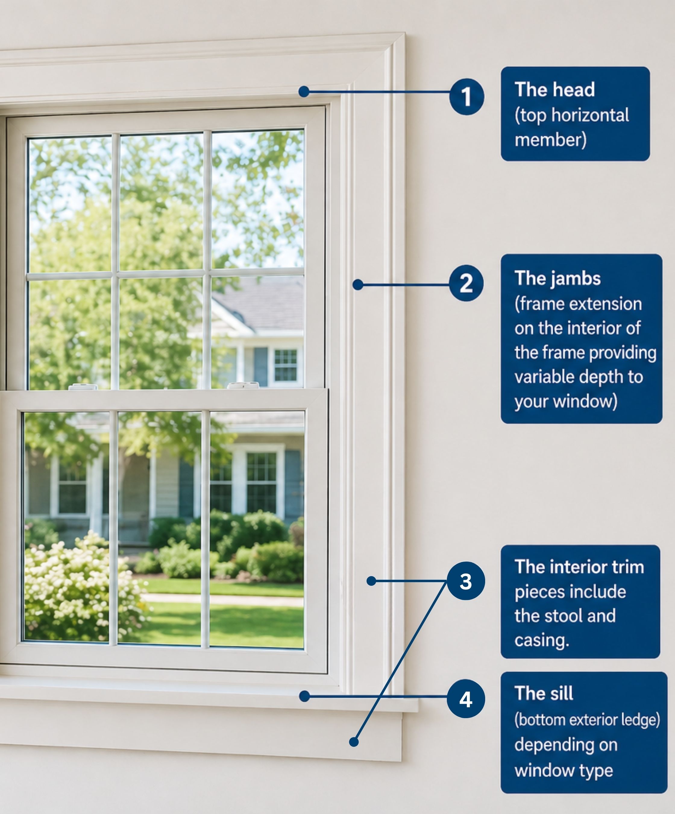 Diagram of window frame parts showing the head, jambs, interior trim pieces including stool and casing, and sill on a double-hung window installation