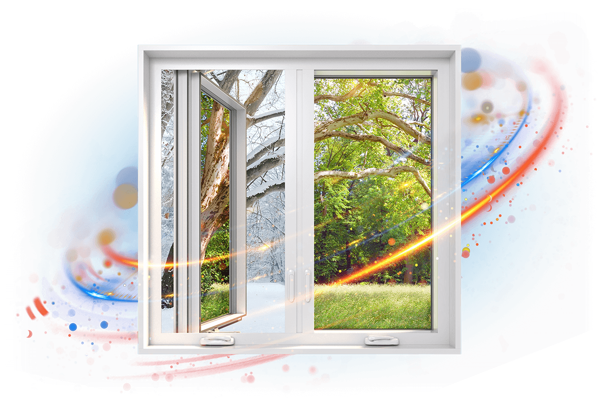 A RevoCell casement window offers a split view: one side reveals a snowy winter scene with bare trees, while the other displays a lush, green summer landscape. Framed by a swirling colorful pattern, it effortlessly captures the beauty of contrasting seasons.