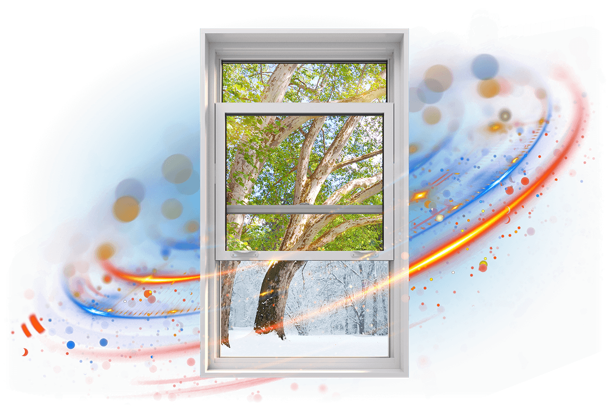 A RevoCell hung window offers a stunning view of a large tree with green leaves and snow on the ground, all perfectly framed by a dynamic swirl of blue and red hues with circular orange accents.