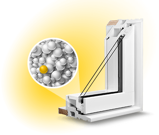 Illustration of a cross-section of a RevoCell window frame with a magnified view showing small gray spheres and one yellow sphere, crafted with microcellular PVC. The bright yellow background highlights the detailed structure beautifully.