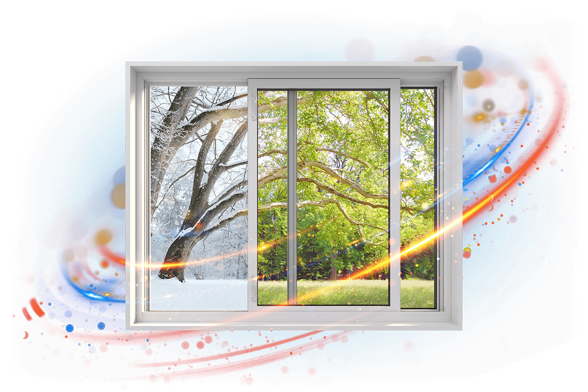 A RevoCell slider window beautifully reveals different seasons: the left pane captures a snowy winter with bare trees, while the right showcases vibrant spring foliage. Bright, colorful swirls artistically frame this enchanting view.