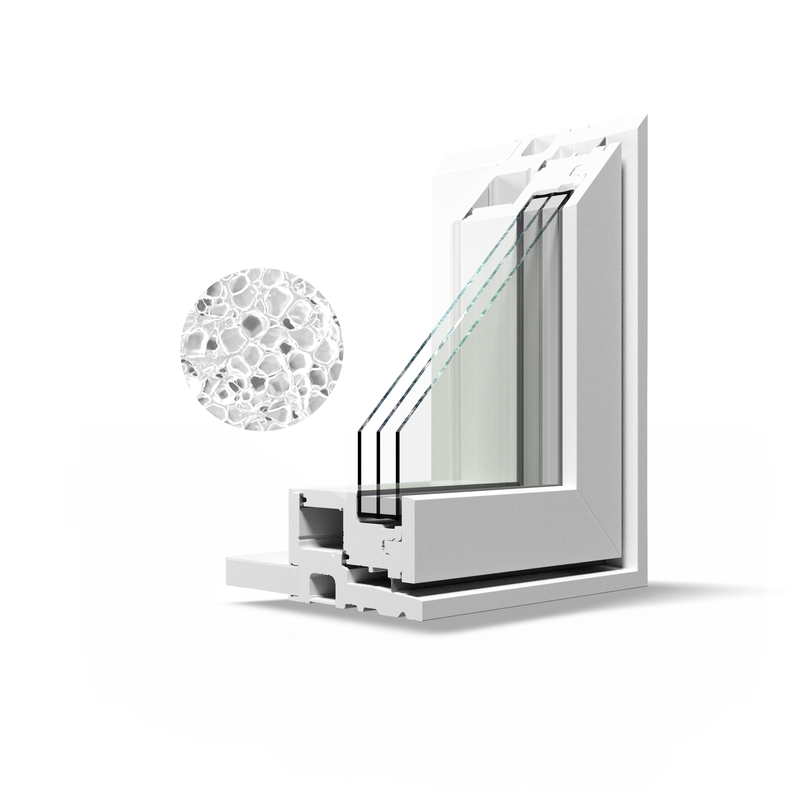 Cross-section of window frame showing Verdun’s exclusive RevoCell® technology utilizing solid-core mPVC (microcellular PVC), to create a dense, foam-like solid core by forming billions of microscopic air bubbles distributed throughout the entire material for improved Energy-Efficiency.
