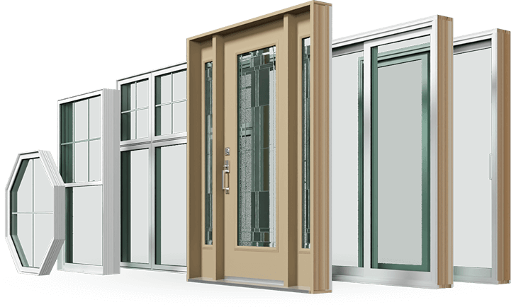 A variety of window styles and a tan front door with decorative glass are displayed in a row, showing different shapes and frame designs on a white background.