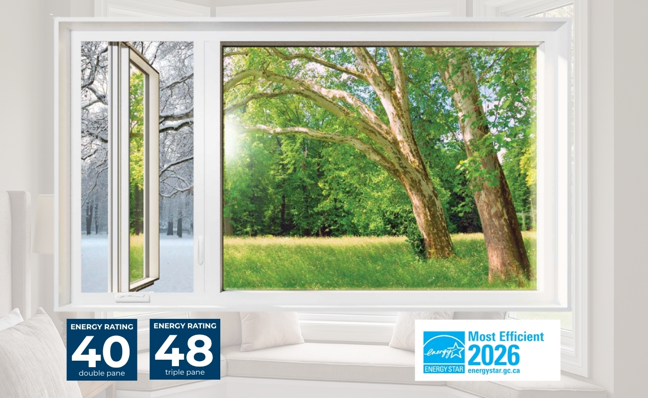 Side-by-side comparison of a double-pane window and a triple-pane window showing glass layers and argon-filled chambers