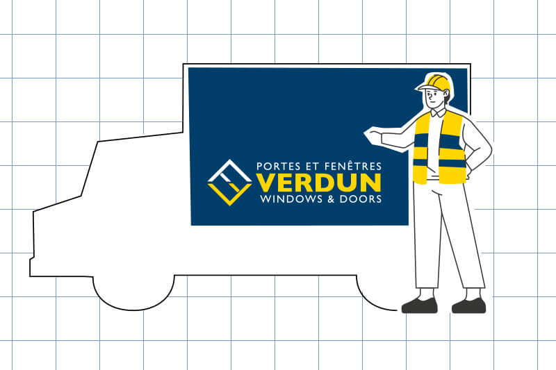 Illustration of a person wearing a hard hat and safety vest, pointing at a truck. The truck features a prominent Verdun Windows and Doors sign with a logo, set against a grid-patterned background, symbolizing the meticulous installation process.