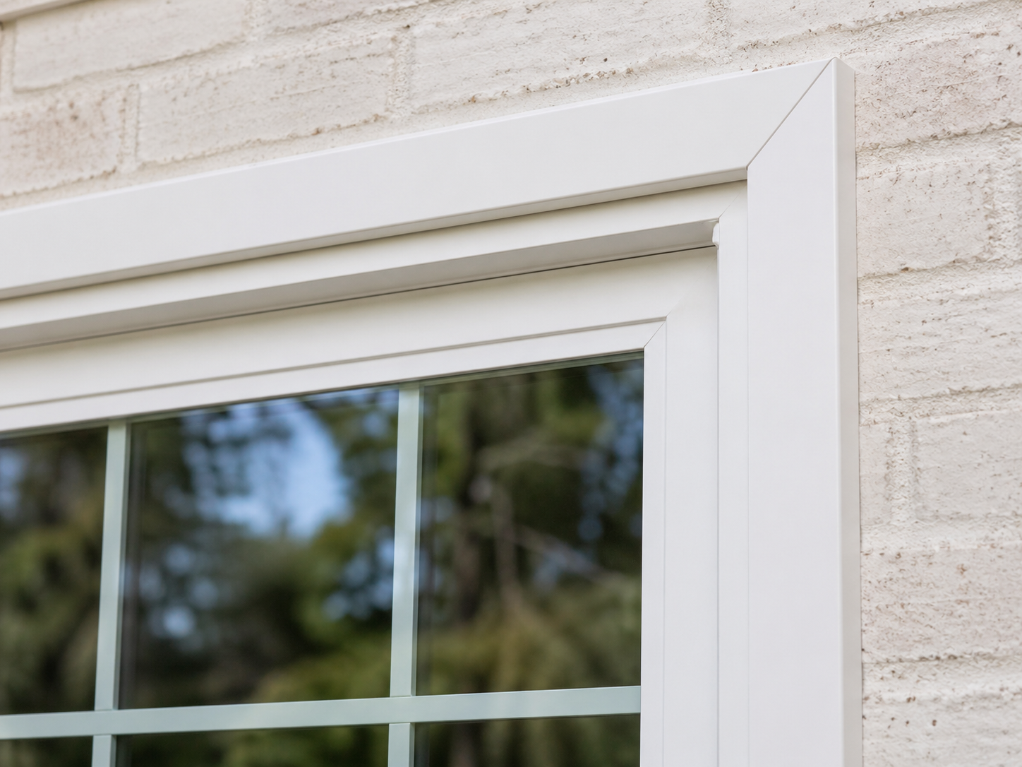 Exterior view of a window showing white brickmould against a brick wall exterior.