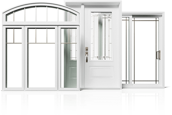 An assortment of a white window, door, and patio door.