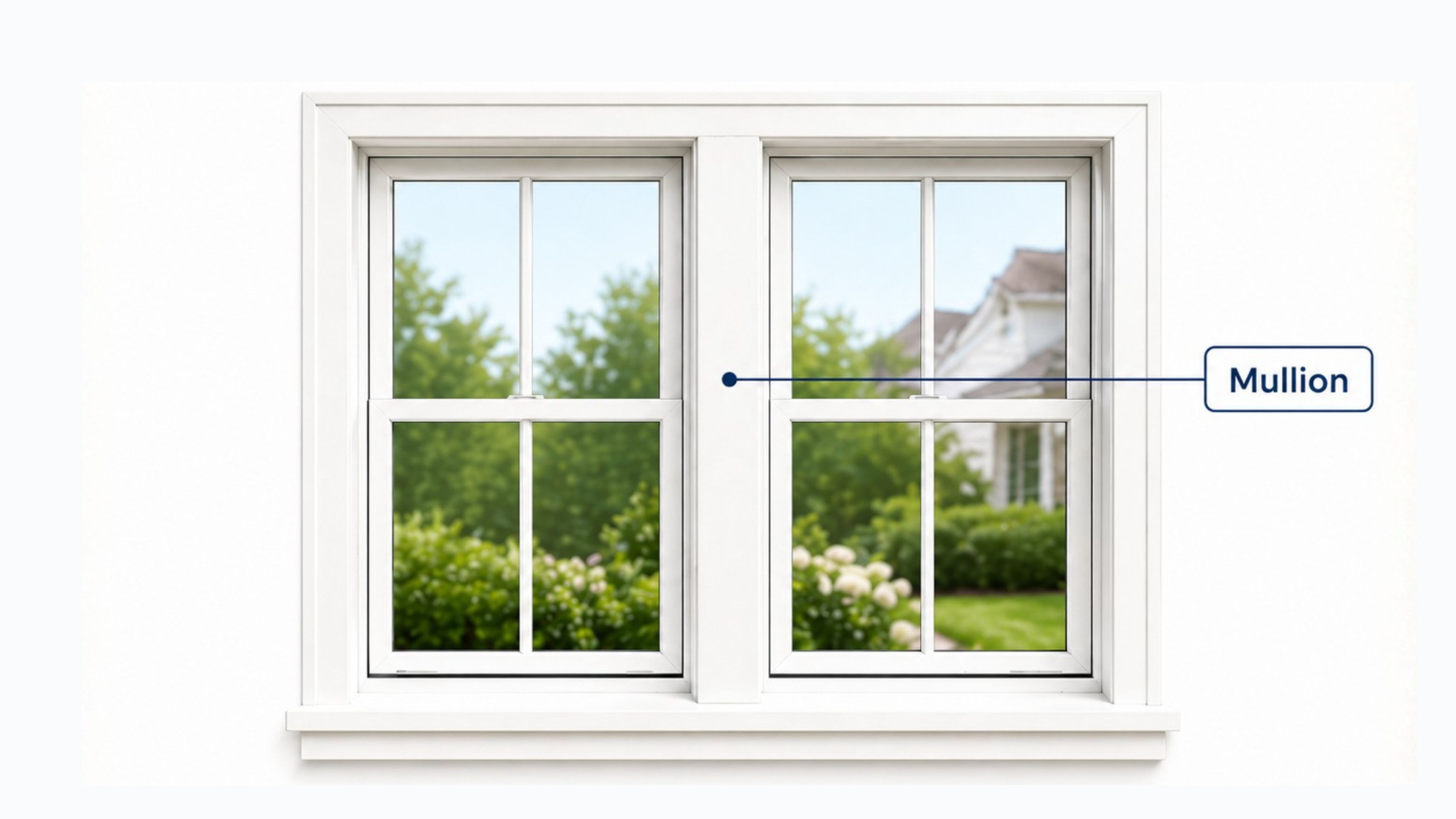 Window with integrated mullion dividing two sashes within a single window frame, with mullion callout label