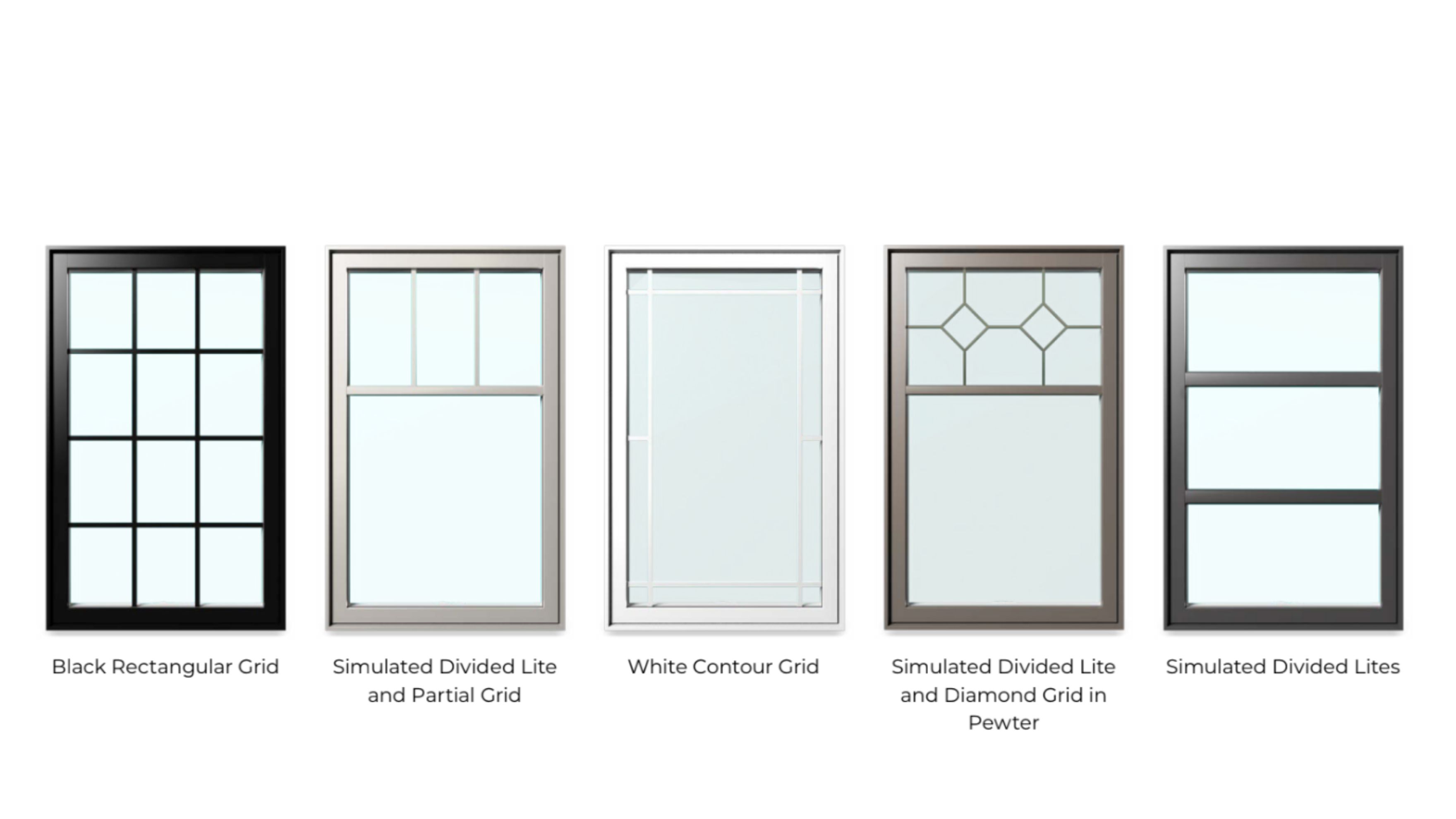 Verdun's five window grille and SDL style options including black rectangular grid, simulated divided lite with partial grid, white contour grid, simulated divided lite with diamond grid in pewter, and simulated divided lites