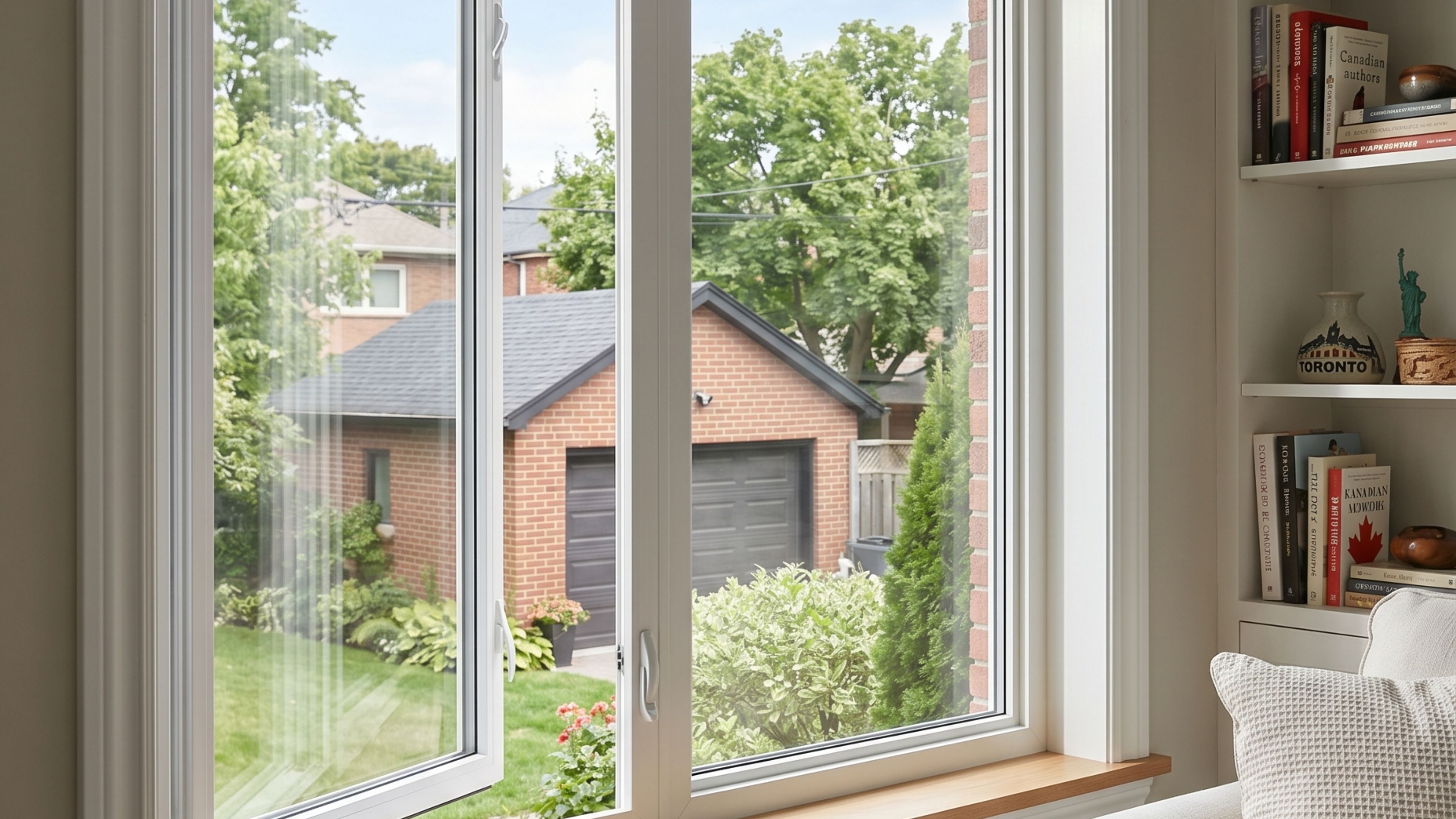 Open casement window showing the sash swung outward on hinges with a view of a suburban neighbourhood, demonstrating how a casement window sash operates