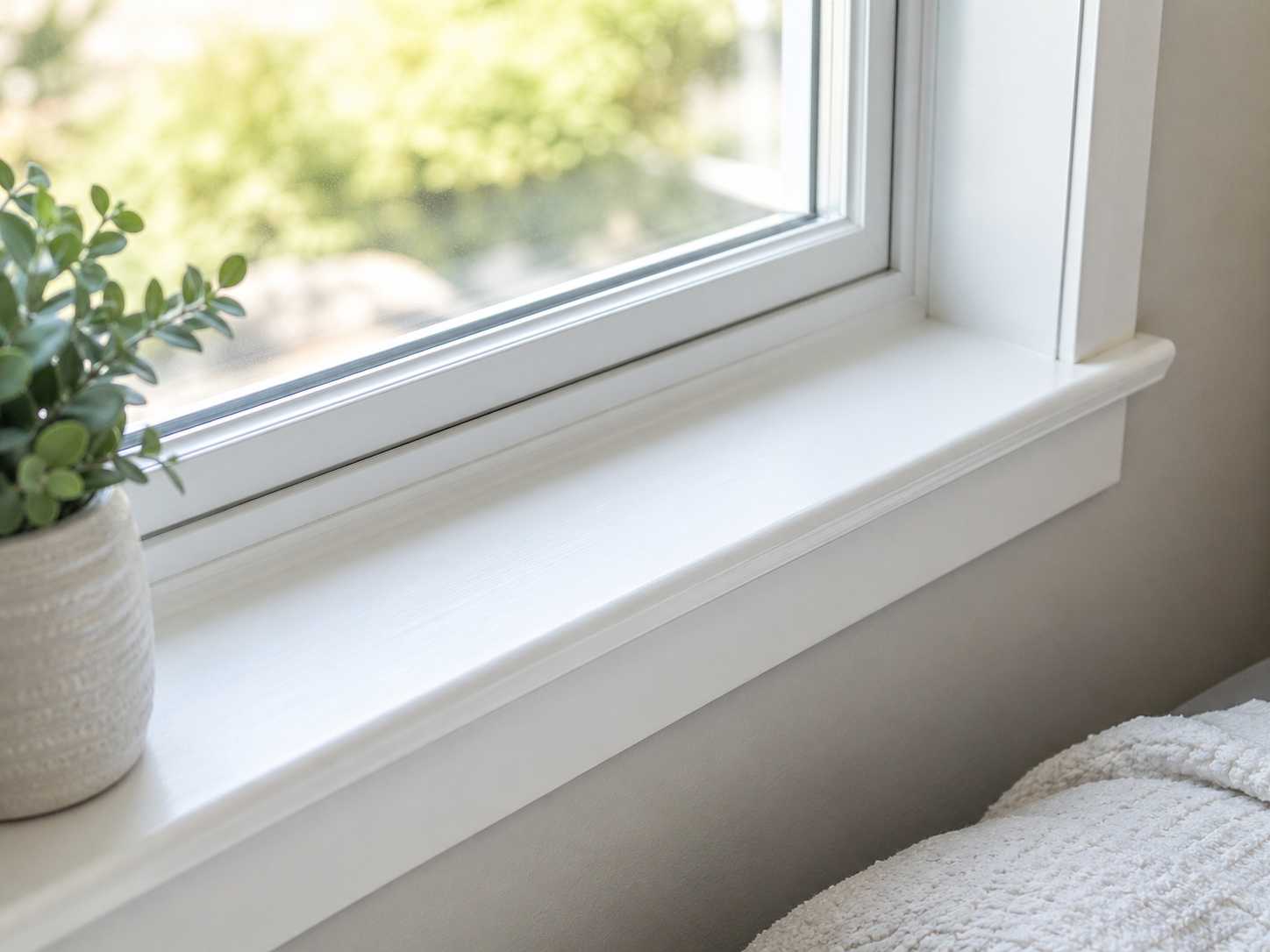 Interior window sill with a potted plant, showing the stool and casing trim of a vinyl window installation