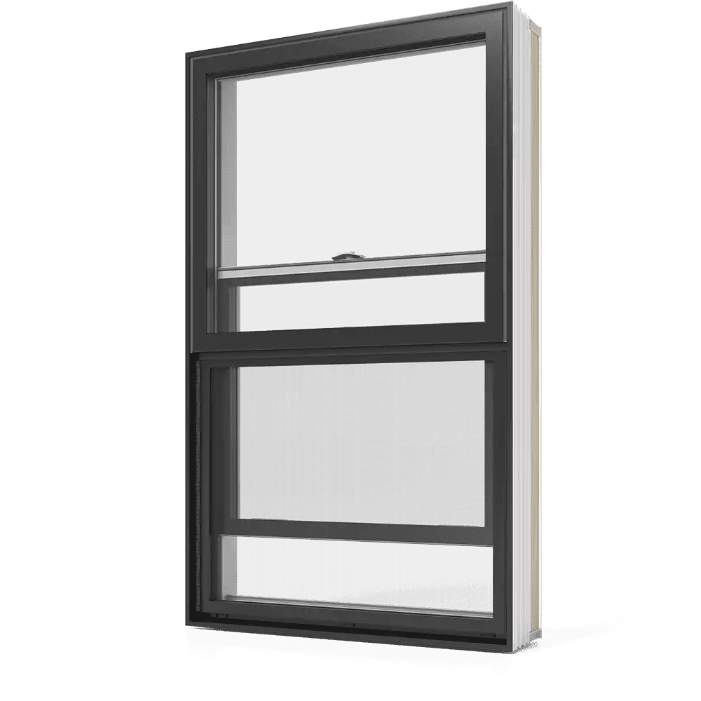 A partially open RevoCell hung window with black exterior colour